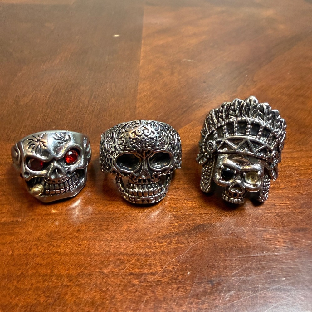 Mens Stainless Steel Skull Ring Set Biker Gothic Sugar Skull Headdress 3pc